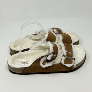 Birkenstock Arizona Shearling Sandals Mens 12 EU 45 Brown Suede 2 Strap Shoes